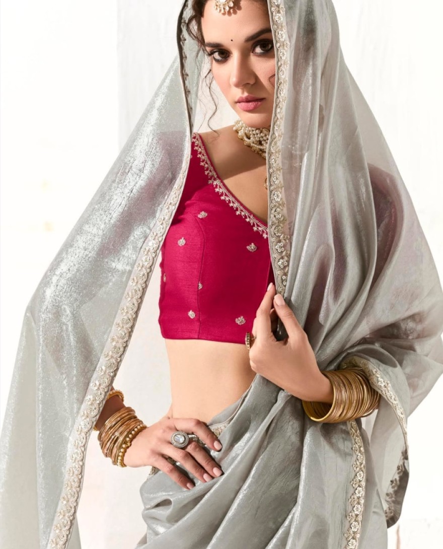 2218 - Bewitching Grey Zari Work Tissue Silk Reception Wear Saree